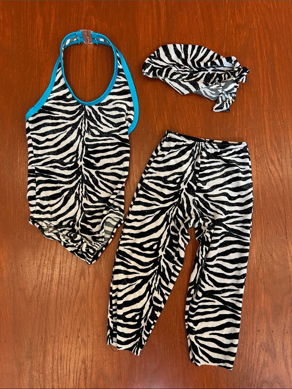 Girls Zebra-Print Matching Bodysuit Set with Turquoise Trim